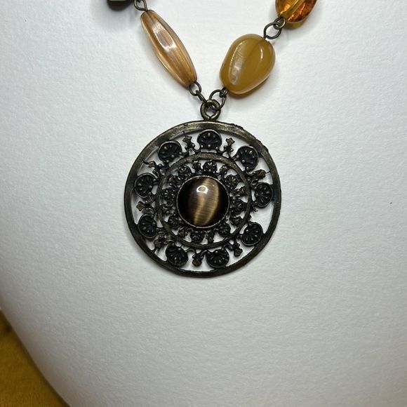 Bohemian style beaded necklace with acrylic & metal beads & a medallion - Picture 2 of 5